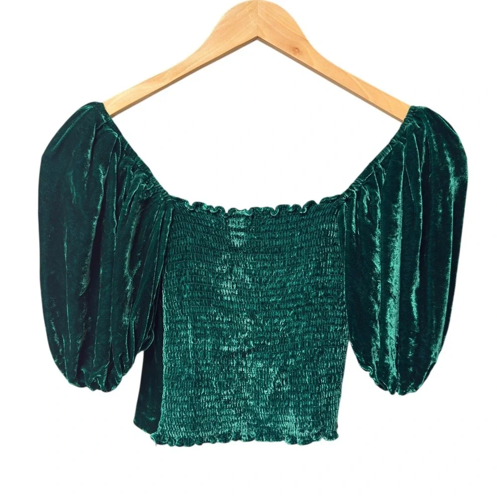 Reformation Luka Velvet Top Emerald Green Women's‎ Size 0 Puff Sleeves Cottage
